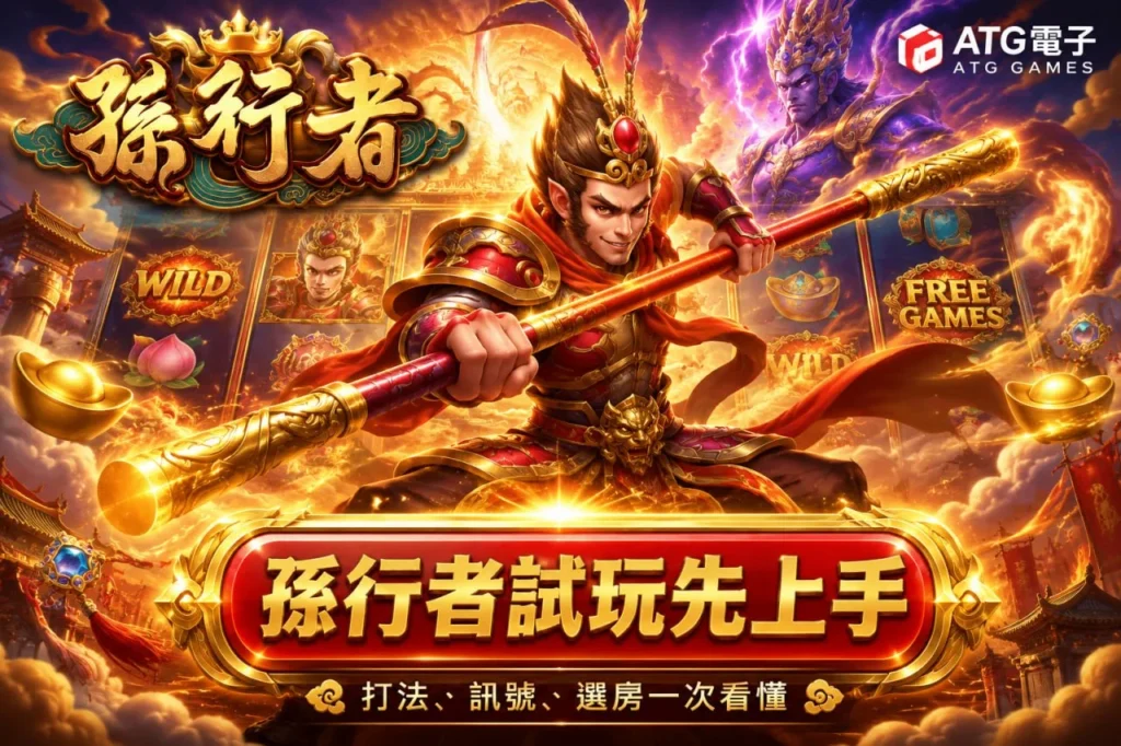 ATG孫行者試玩封面圖，展示孫行者玩法、訊號與選房提示，角色手持金箍棒，畫面金色火焰特效突出動態感