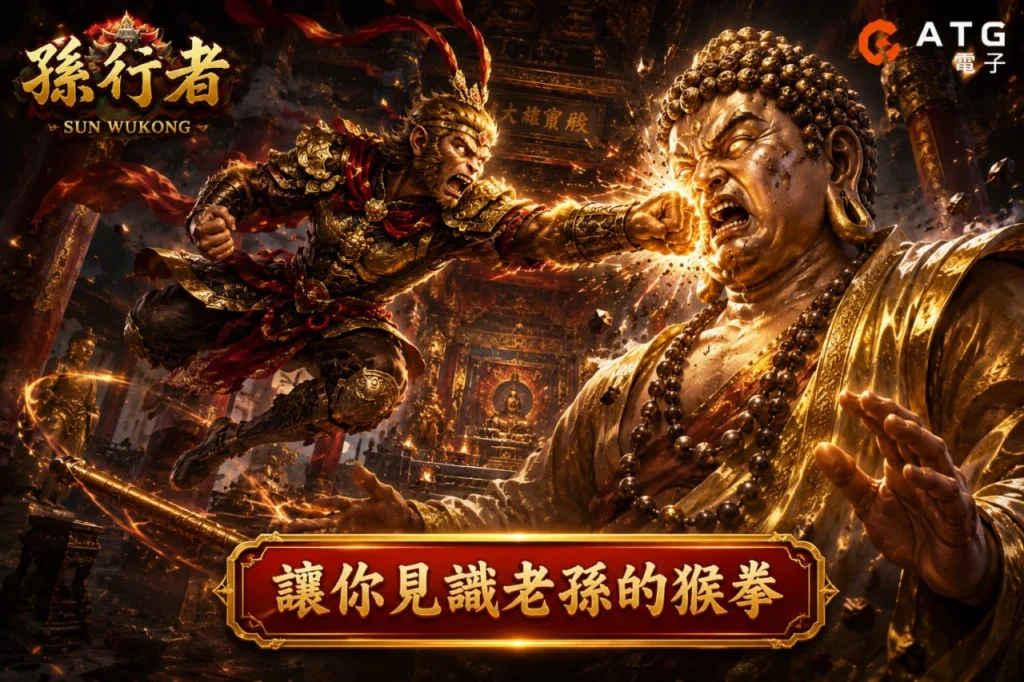 ATG孫行者老虎機宣傳圖，孫悟空揮拳大戰如來佛，展現高張力戰鬥場景與遊戲主題特色。