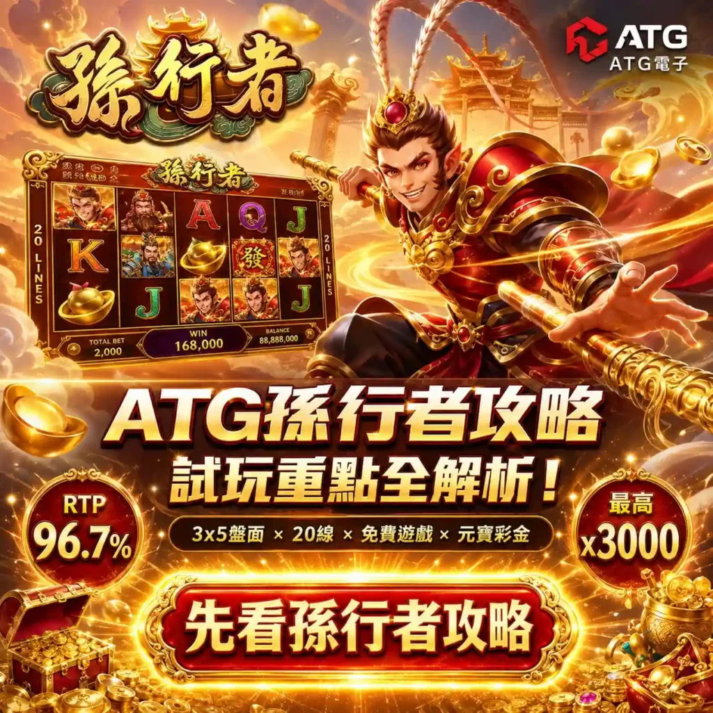 ATG孫行者攻略主視覺，呈現孫行者角色、遊戲盤面與RTP 96.7%資訊