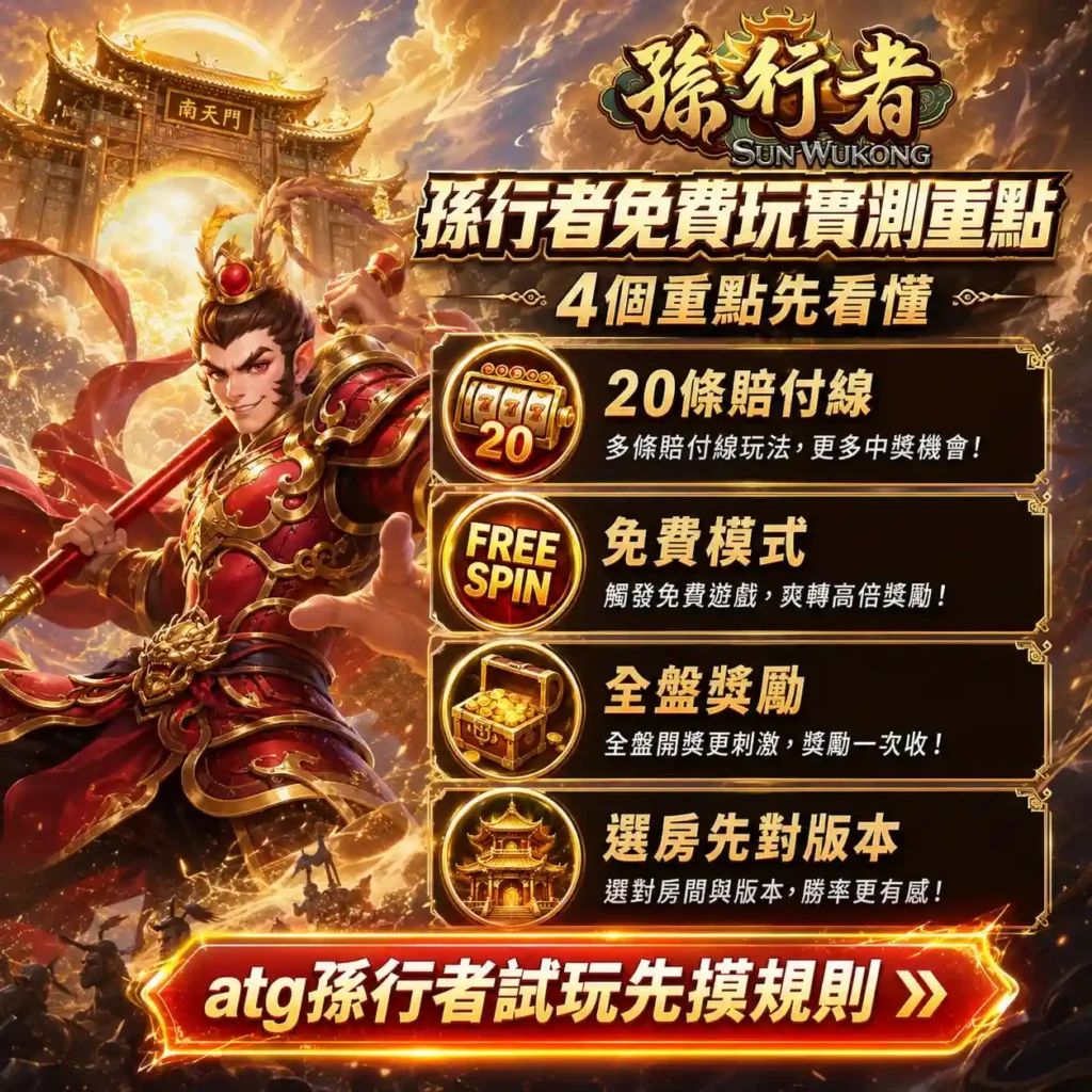 ATG孫行者試玩四大重點圖，整理20條賠付線、免費模式、全盤獎勵與版本核對